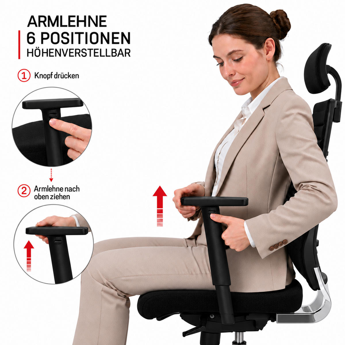 CHEFSESSEL V1301 Stoff Schwarz - ergonomisch, 150 kg belastbar, Sitzhöhe 45-55cm - Schwarz, Kunststoff/Textil (65/128/69cm) - Versee