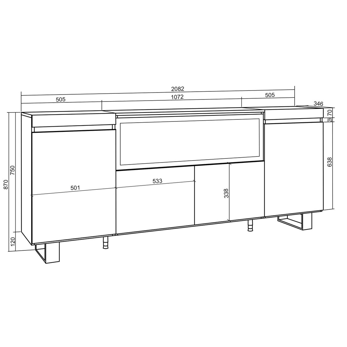 SIDEBOARD Highboard, Elektrokamin XXL, eiche, 208/35/87cm - Eichefarben/Multicolor, Holzwerkstoff (208/87/35cm) - Skraut Home