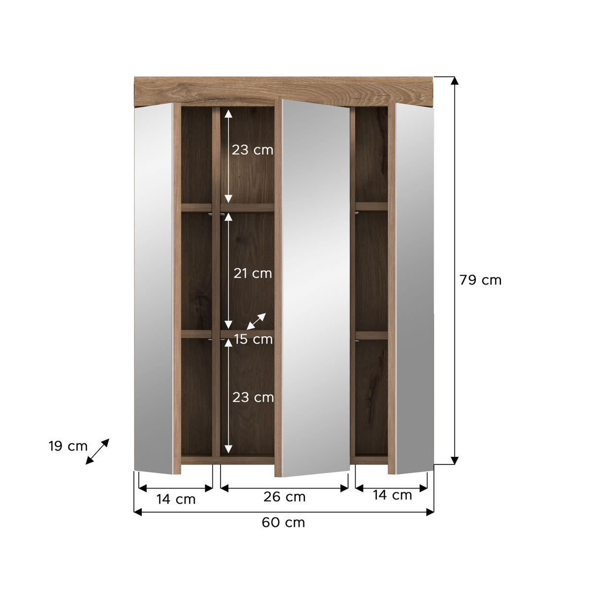 SPIEGELSCHRANK Wave Bad in Nox Oak Nachbildung - modernes Design - B/H/T: 60x79x18 cm - Eichefarben, Glas (60/79/18cm)