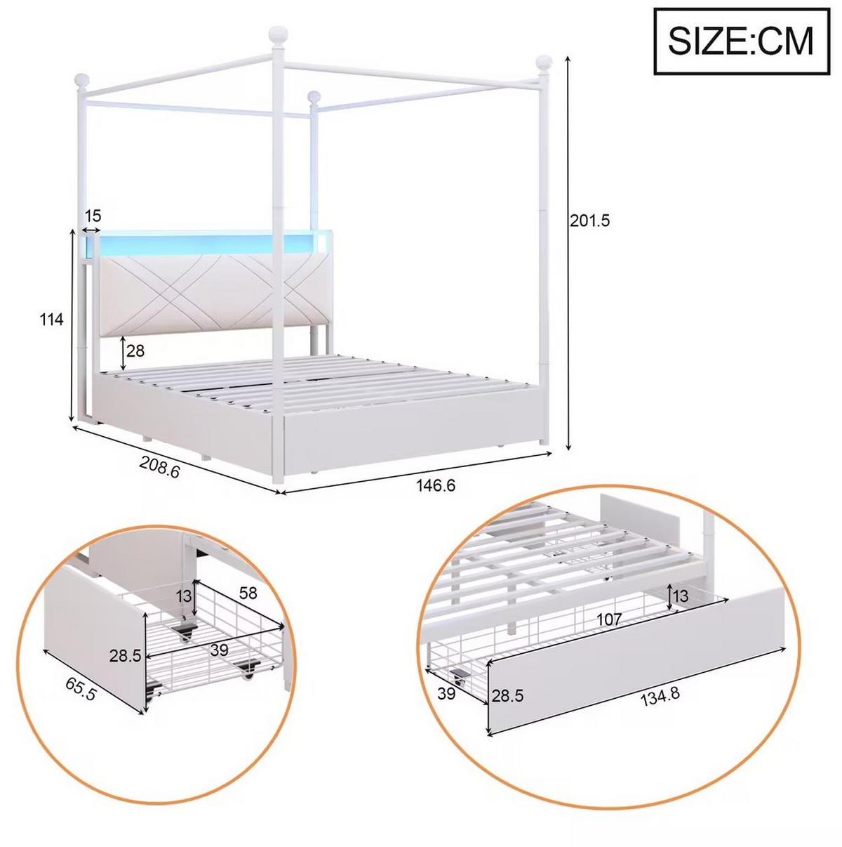 POSTEL s nebesy 140/190 cm bílá z kovu s LED osvětlením USB/Type-C a úložným prostorem - bílá, kov (140/190cm) - OKWISH