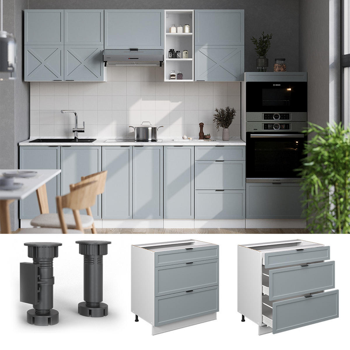 KÜCHENUNTERSCHRANK Fame-Line Hellblau-grau 80 cm mit 3 Schubladen AP Marmor - Blaugrau/Weiß, Holzwerkstoff (80/82/60cm) - Vicco