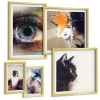 BILDER SET 5er Set - 50x50 cm & 20x30 cm & 40x60 cm Goldrahmen - Gelbgrau-braune Wellen - Goldfarben, Kunststoff (40/60cm) - TULUP