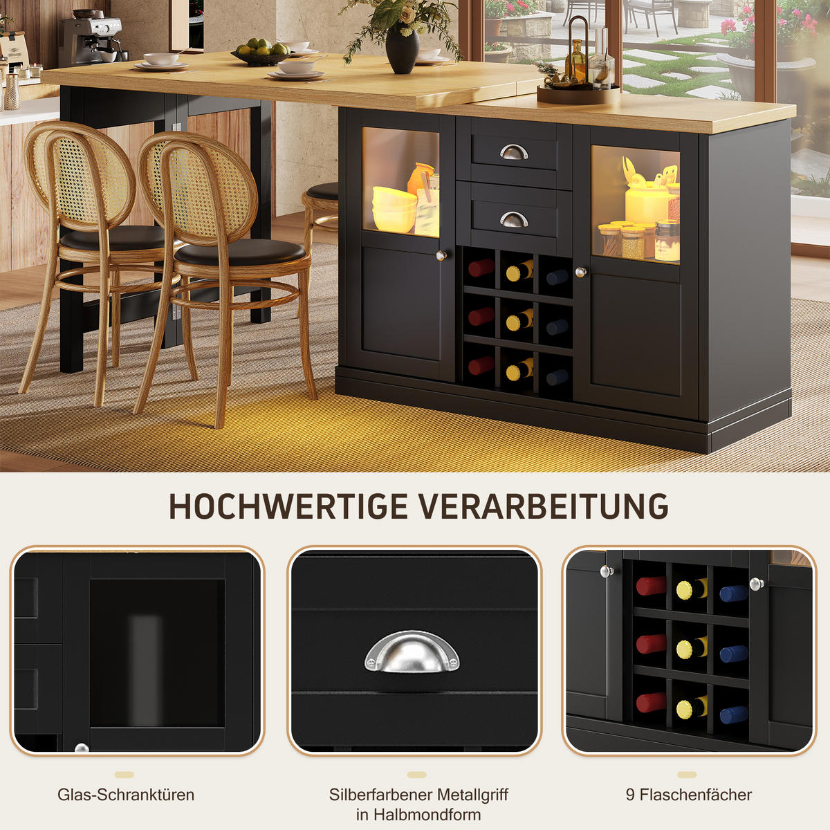 ESSTISCH Ausziehbar 120–197cm 360° LED Stauraum Weinregal - Schwarz, Holzwerkstoff (40/120/72cm) - FLIEKS
