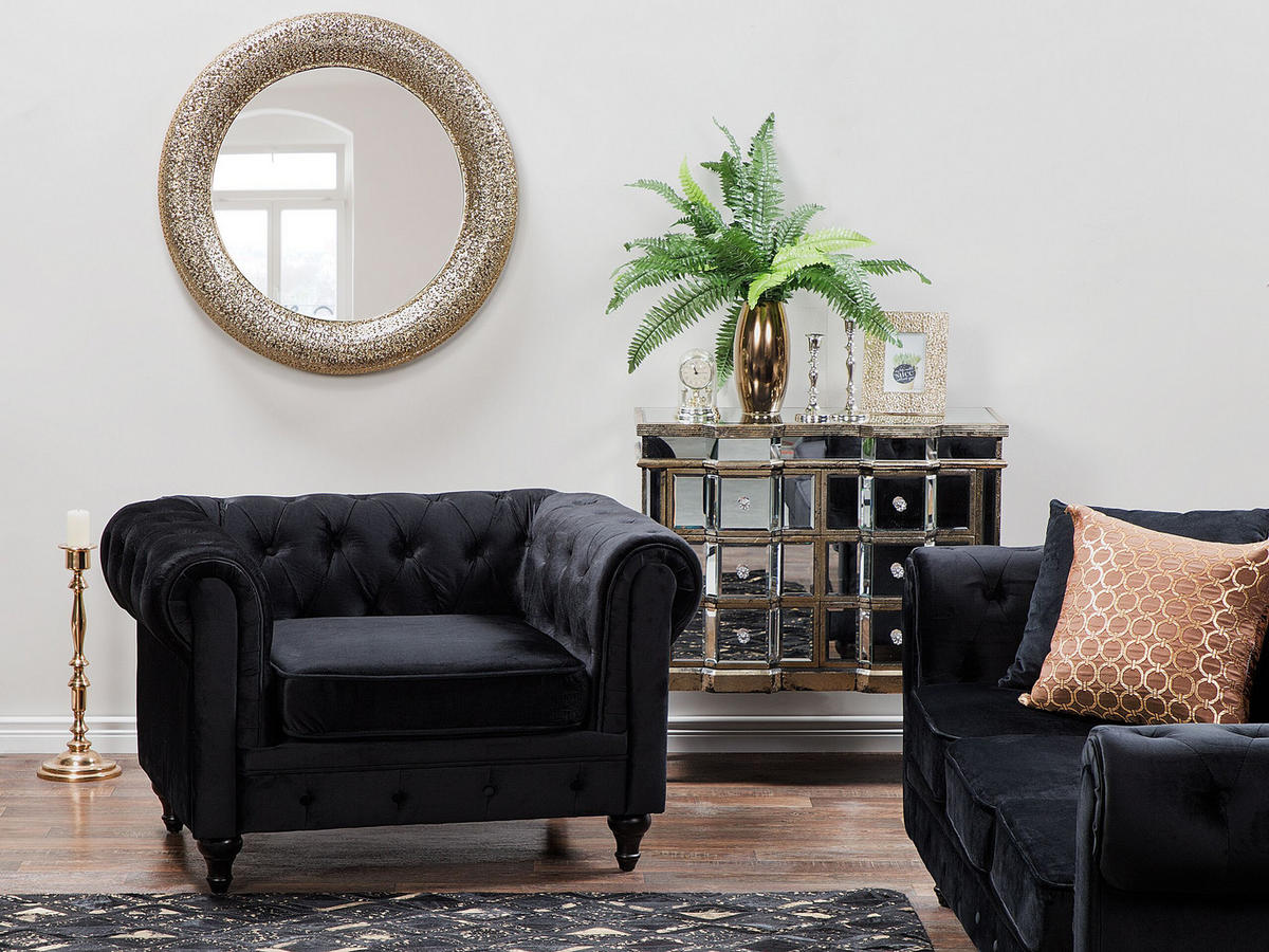 SESSEL Samtstoff schwarz Chesterfield - Dunkelbraun/Schwarz, Textil (110/70/75cm) - Beliani