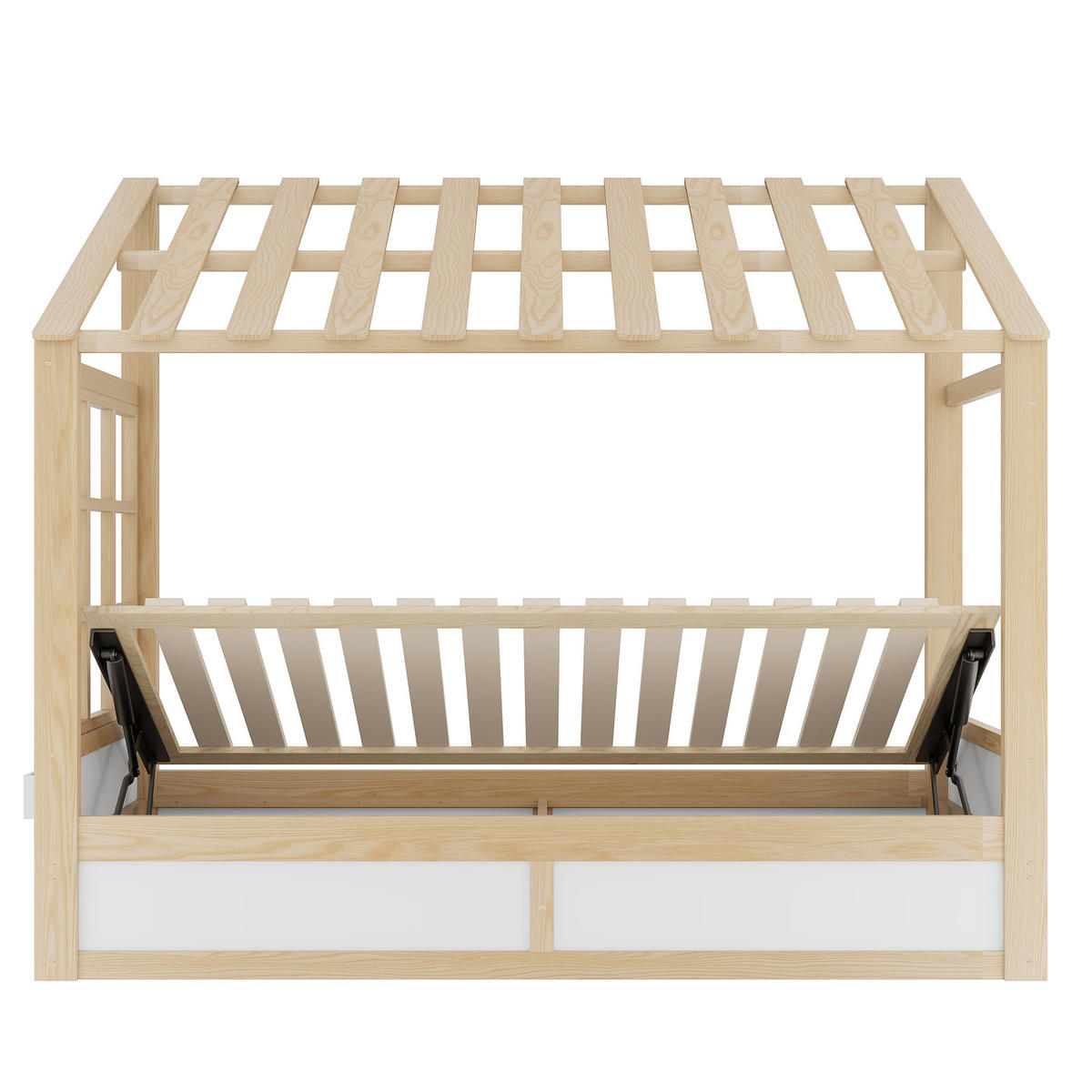 HAUSBETT 90/200 cm mit Dach und Stauraum, DE-41620, in Holzfarbe/Weiß - Naturfarben, Holzwerkstoff (90/200cm) - ComfortXL