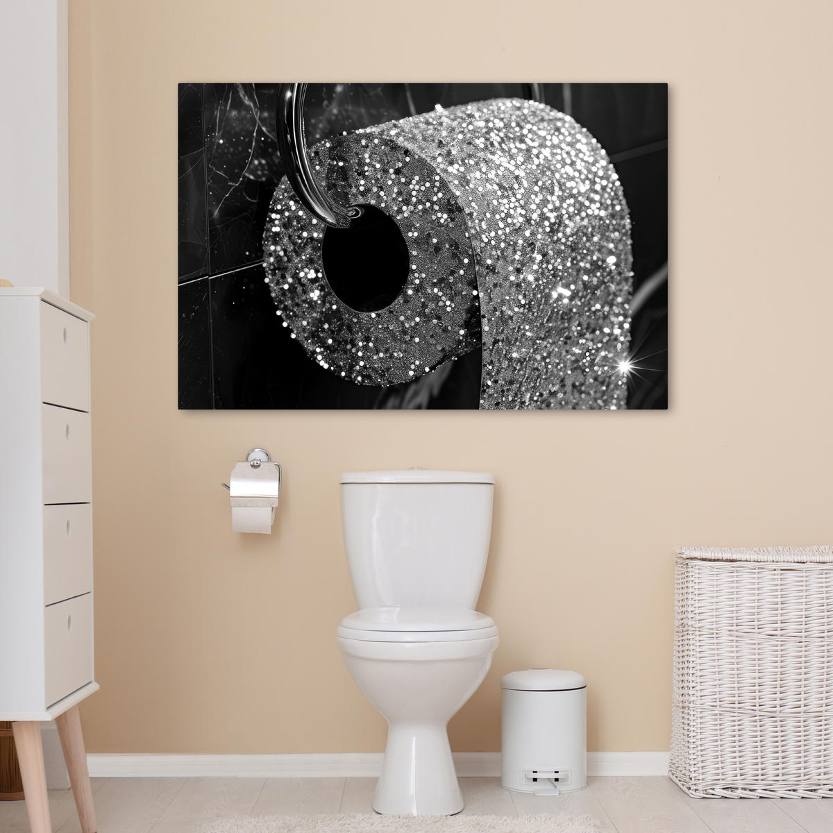 LEINWANDBILD WC - Toilettenpapier - Schwarz und weiß - Glitter Wohnzimmer 120x80 cm - Silberfarben, Textil (120/80cm) - MuchoWow