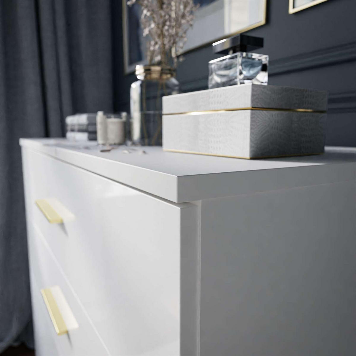 KOMMODE LINA GOLD mit goldenen Griffen und Beinen LED - Weiß, Holzwerkstoff (95/86/40cm) - Lookway