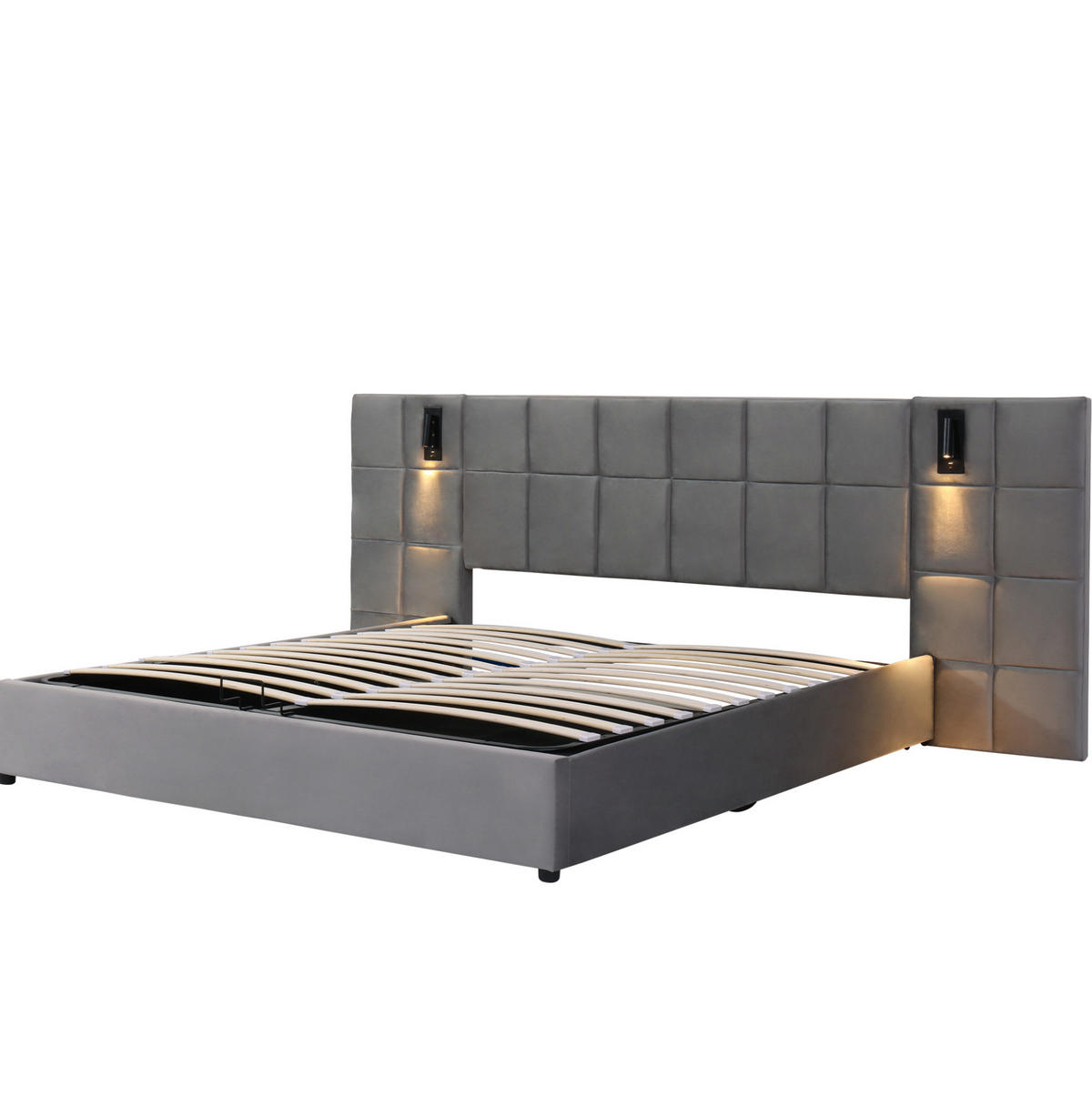 POLSTERBETT 180/200 cm mit USB-Anschluss, Leselicht und hydraulischem Bettkasten, Stahlrahmen & Samt, Grau - Grau, Metall (140/200cm) - Redom