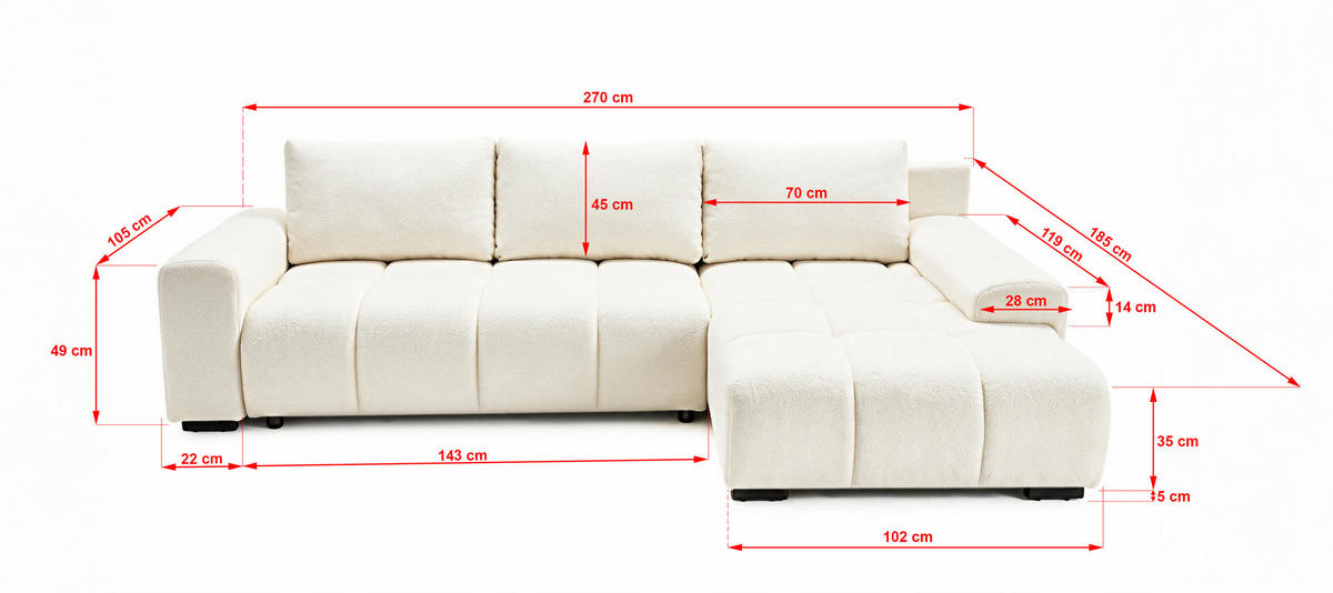ECKSOFA Ovia mit Bettkasten und Schlaffunktion, Bouclé-Stoff in L-Form - Beige, Textil (270/185cm)