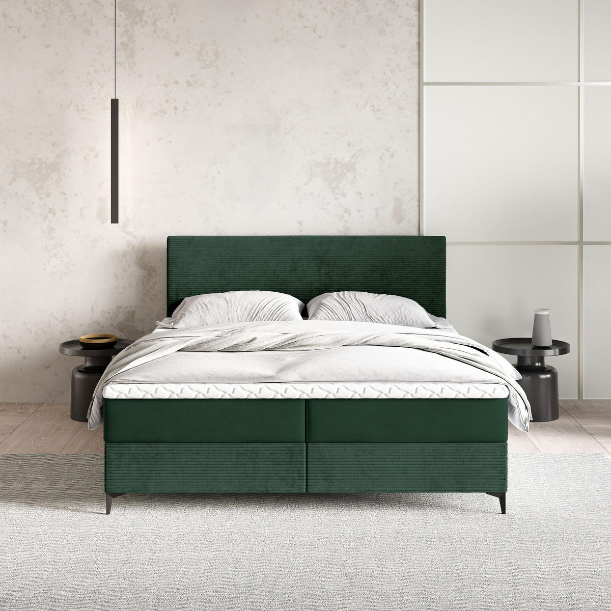 BOXBETT TORREL 160x200 cm mit Matratze und Topper - Grün - Grün, Holz (160/200cm) - MASSENO