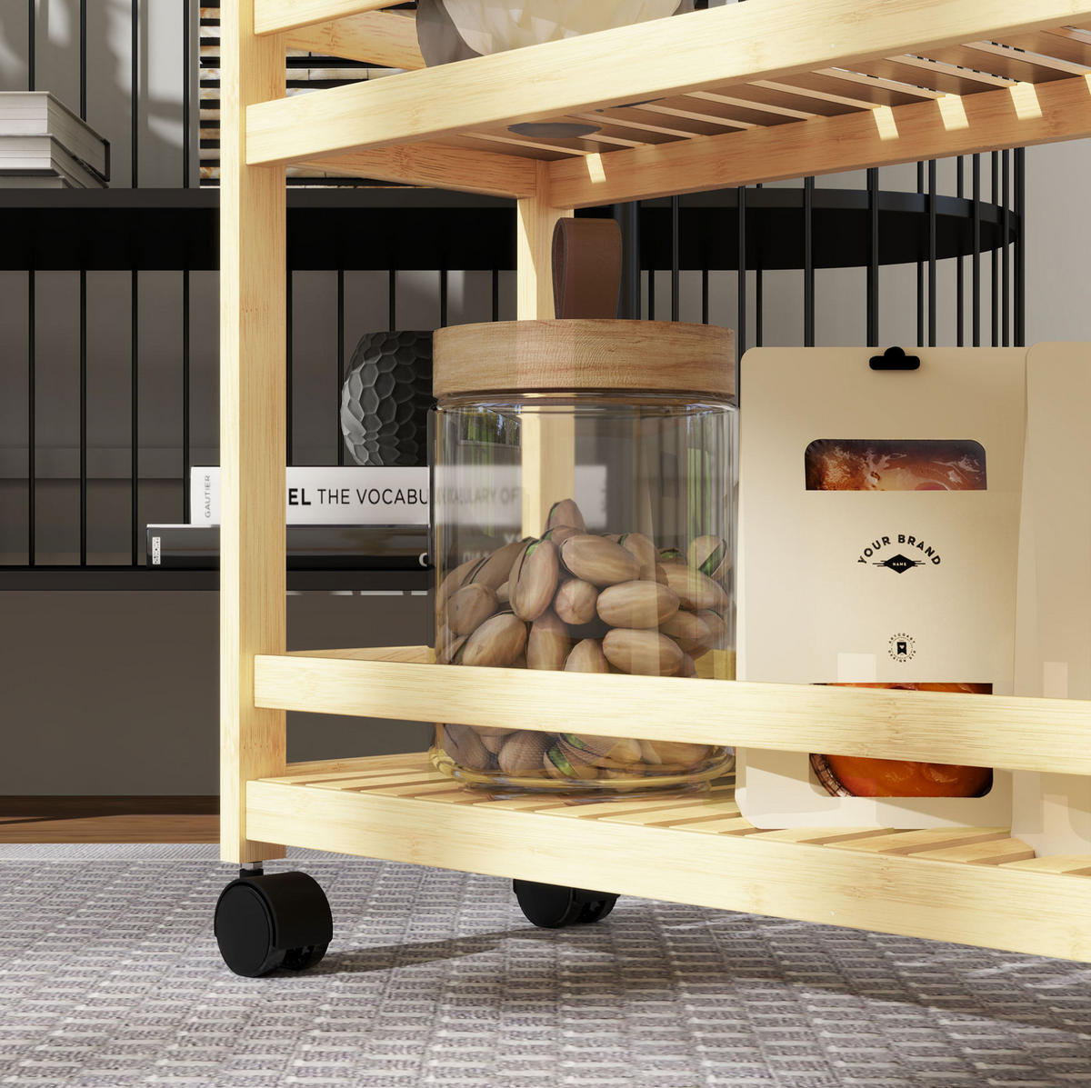 SERVIERWAGEN mit 3 Ebenen aus Bambus, mit Rollen und Haltegriff, 55/20/75 cm - Hellbraun, Naturmaterialen (55/75/20cm) - BEAOK