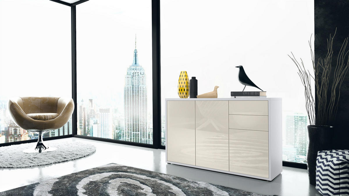 KOMMODE Ben Front in Creme Hochglanz - Creme, Holzwerkstoff (117/74/36cm) - Vladon