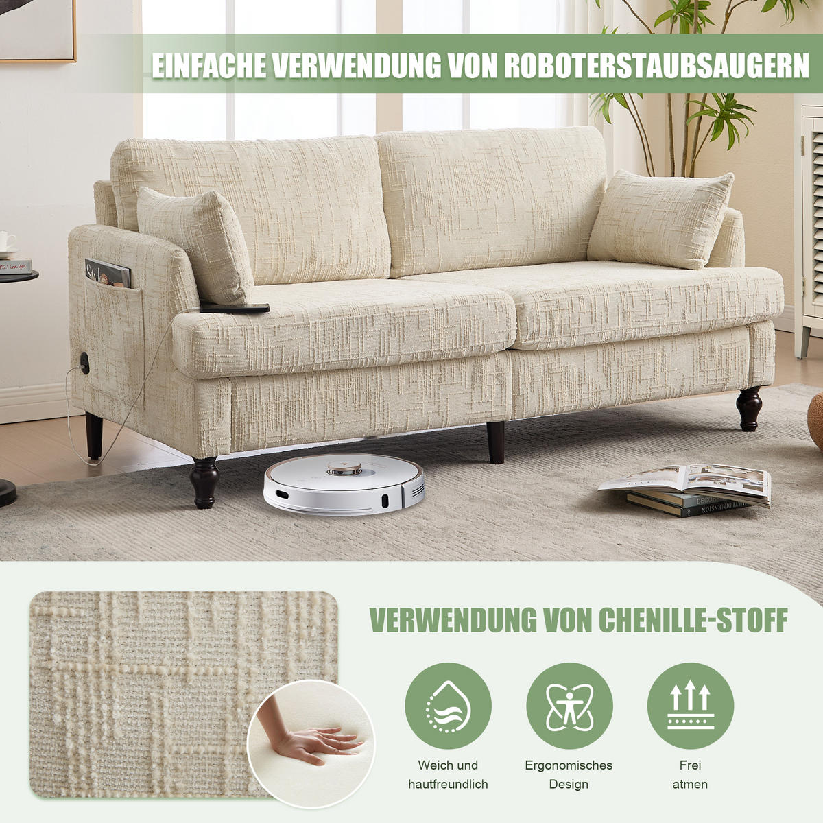 2-SITZER Sofa Chenille mit USB-Anschluss und LED-Licht 175/83/78 cm Beige - Beige, Textil (175/78/83cm) - Redom
