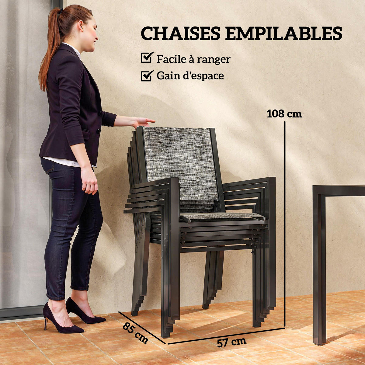 GARTENTISCHGRUPPE DE-18102 150 cm Tisch mit Lattenplatte, 6 Stühle Schwarz - Schwarz, Metall - ComfortXL