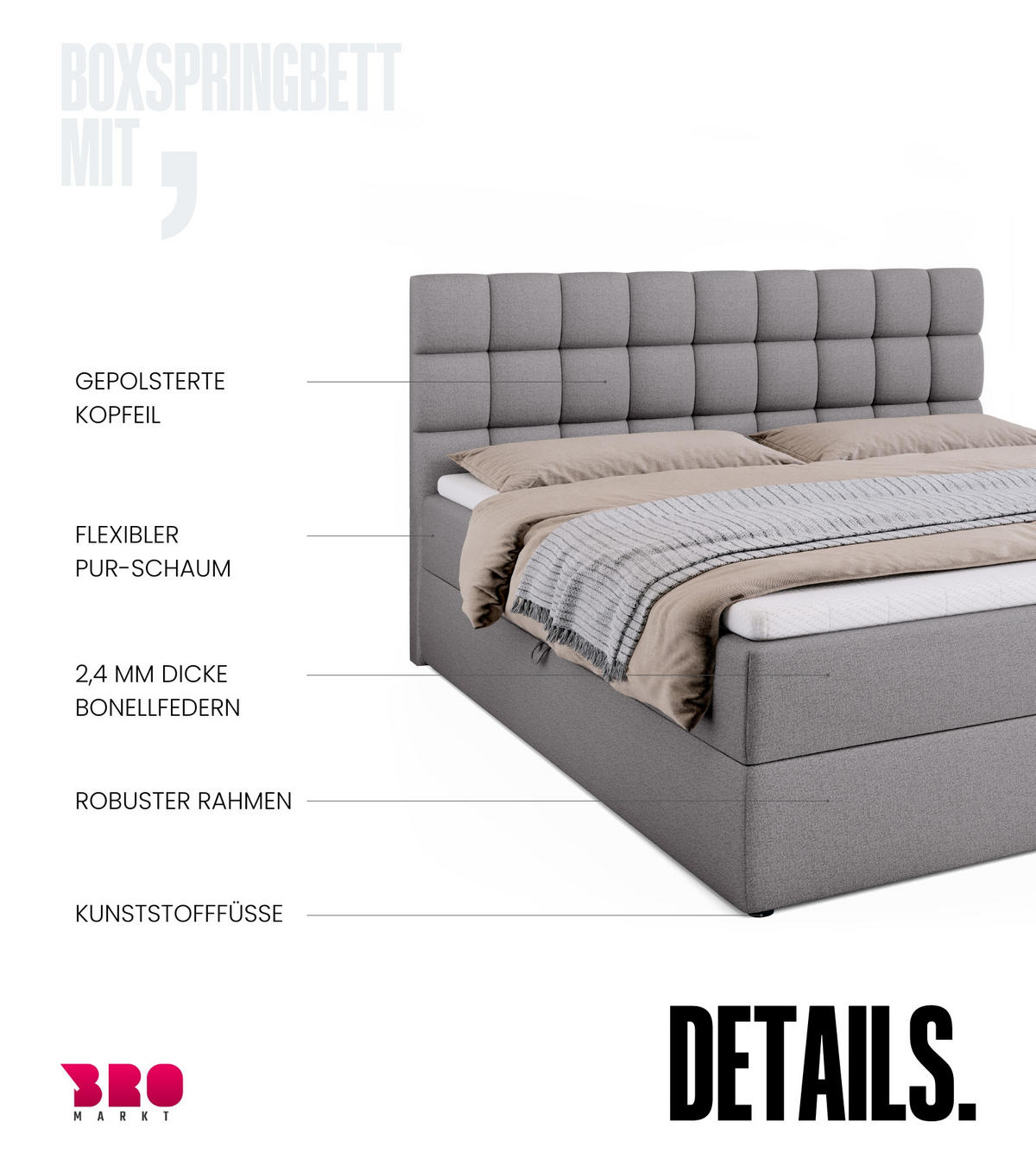 BOXBETT Dakota mit Topper 180/200 Grau - Grau, Textil (180/200cm) - Bromarkt