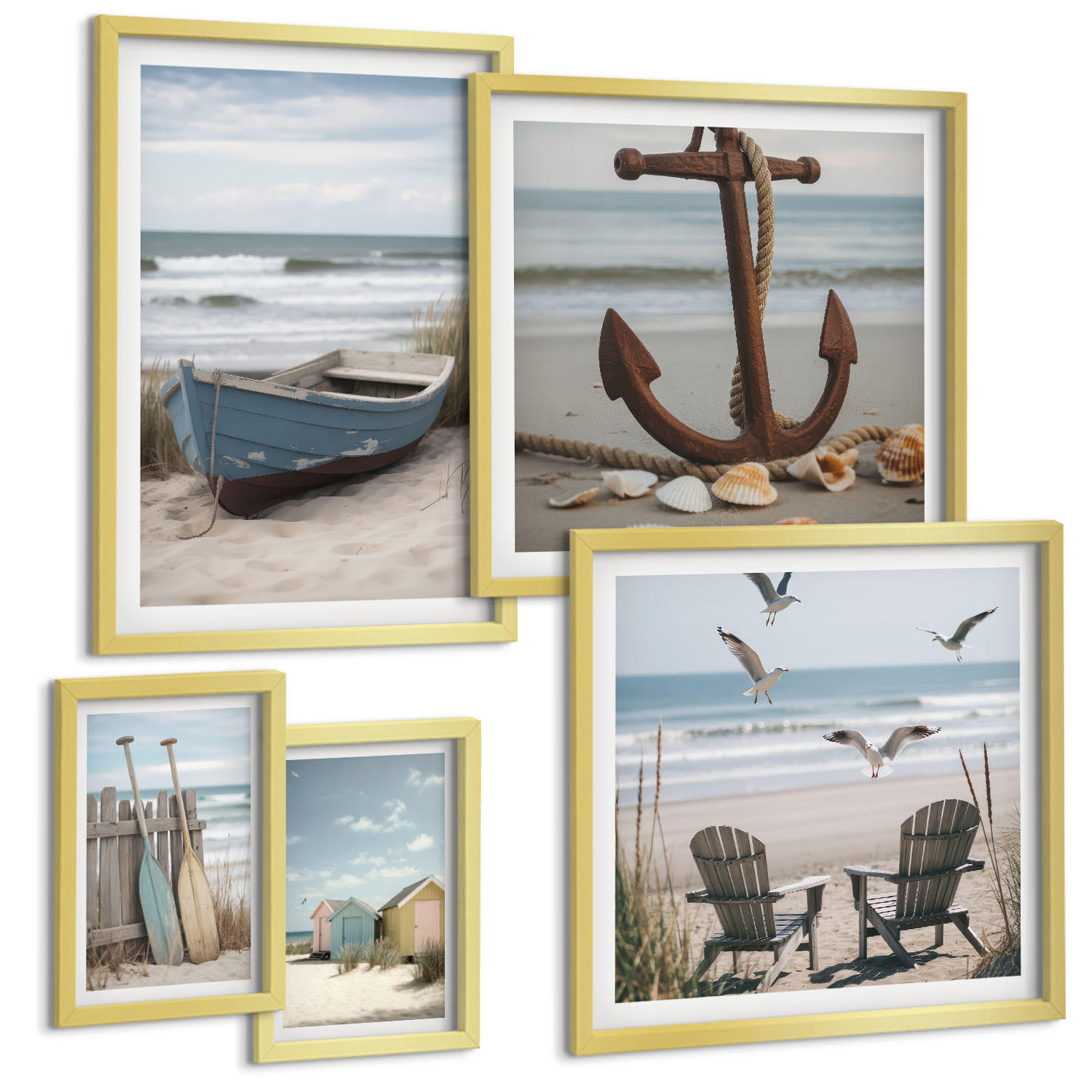 BILDER SET 5er Set - 50x50 cm & 20x30 cm & 40x60 cm Goldrahmen - Abstrakte Pflanzenmotive - Goldfarben, Kunststoff (40/60cm) - TULUP