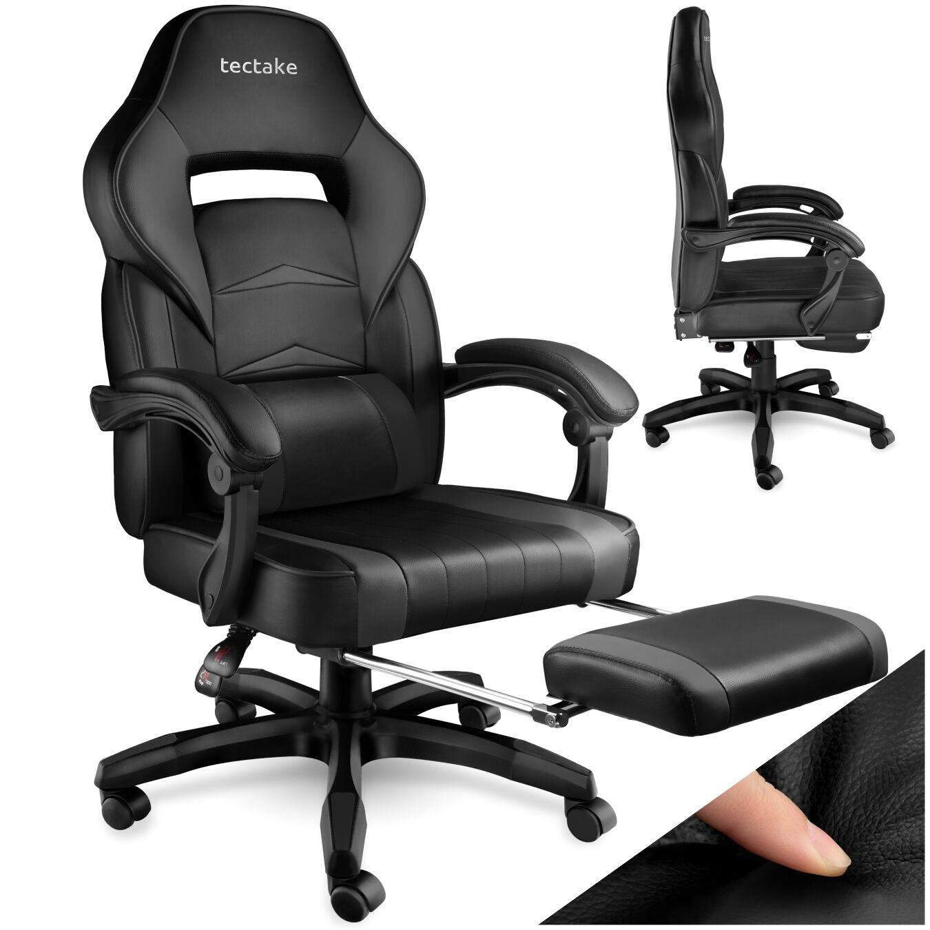 RACING BÜROSTUHL Comodo,inklusive Lendenkissen, Belastbarkeit 120 kg,schwarz/schwarz - Schwarz, Textil (70/127.5/69cm) - tectake