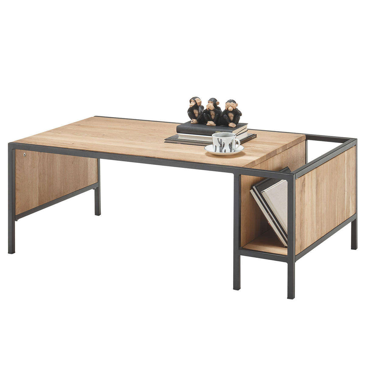 COUCHTISCH - Metall / Massivholz - Schwarz - Eichefarben, Holz/Metall (60/110/40cm) - home24