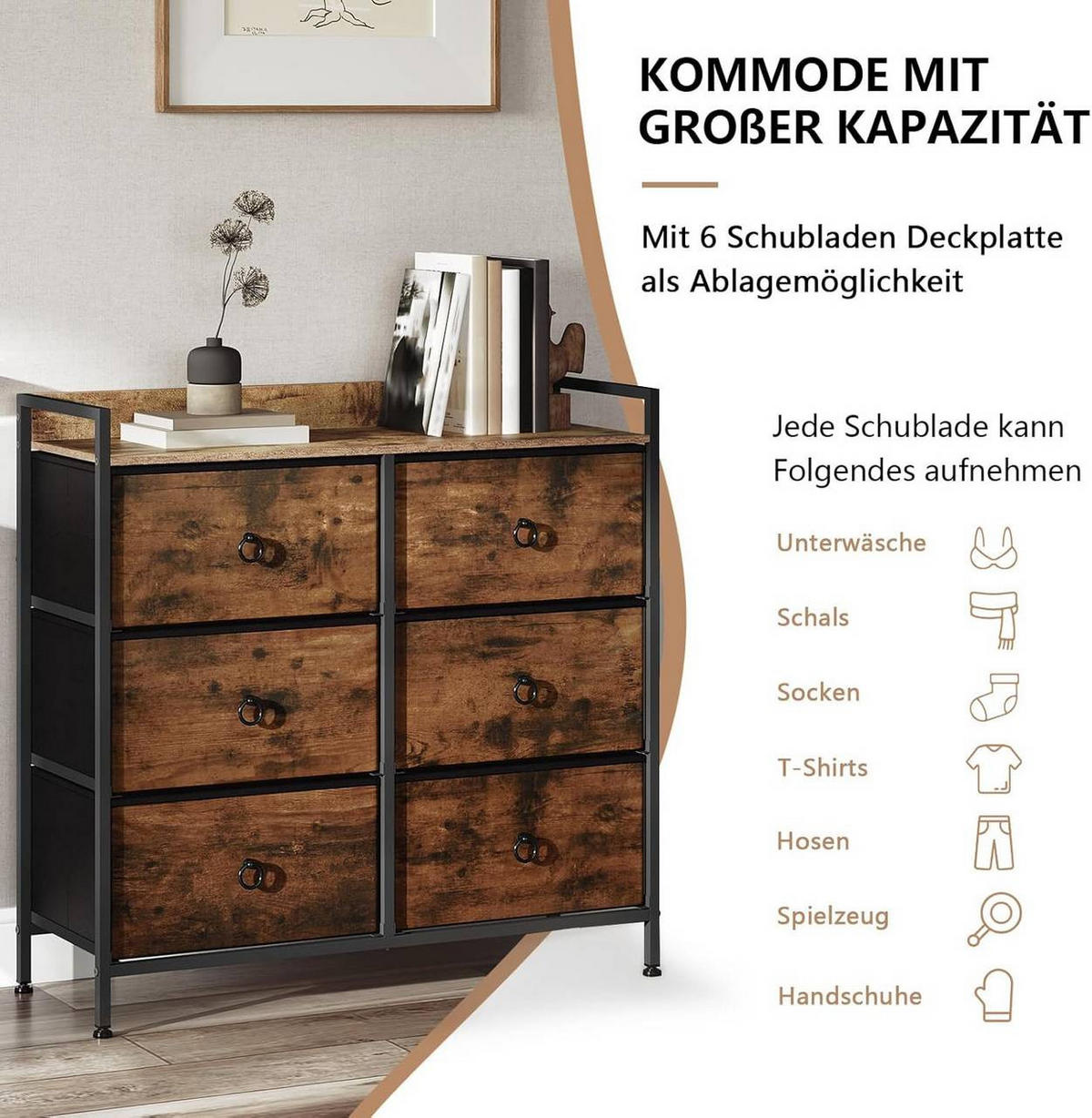 KOMMODE mit 6 Schubladen, Industrial Stil, Vintagebraun - Dunkelbraun/Schwarz, Holzwerkstoff/Kunststoff (80/78/29cm) - Woltu