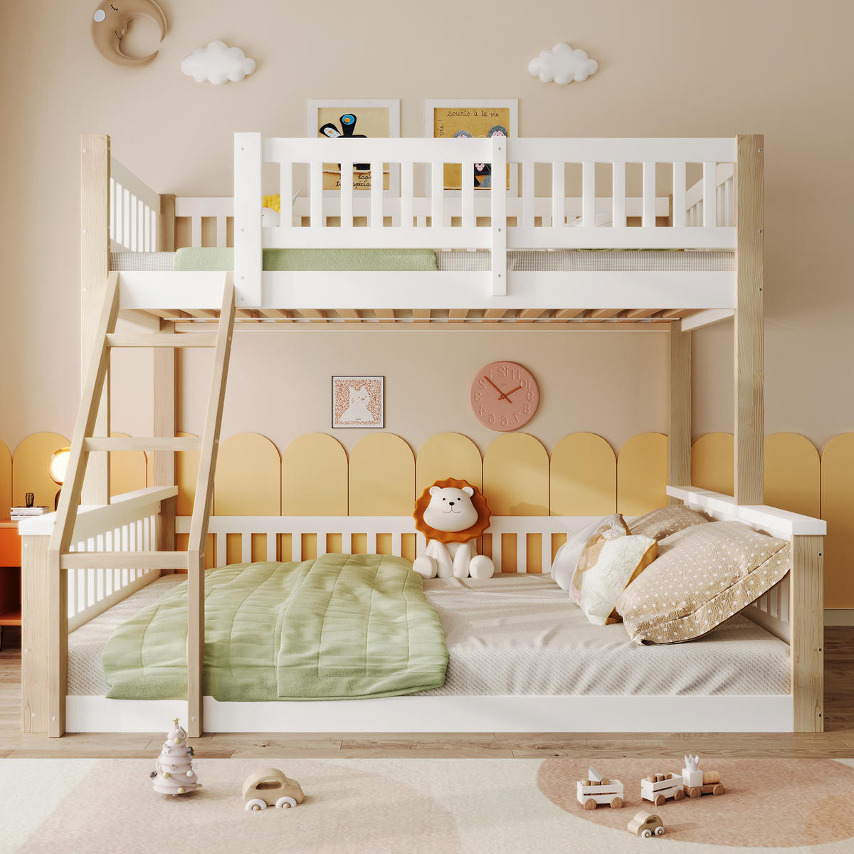 ETAGENBETT 90x200cm + 140x200cm Weiß + Natur Leiter Bettgitter - Multicolor, Holz (140/200cm) - FLIEKS