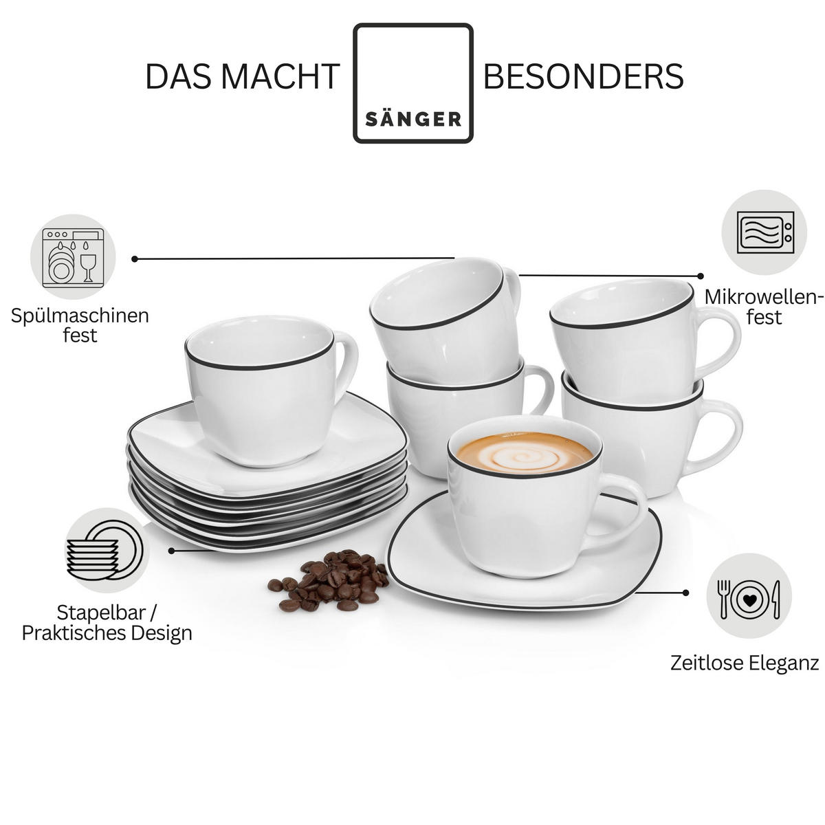 KAFFEETASSEN SET BILGOLA BLACK RIM - 12 tlg aus Porzellan - Weiß, Keramik (44/12.5/22cm) - Sänger