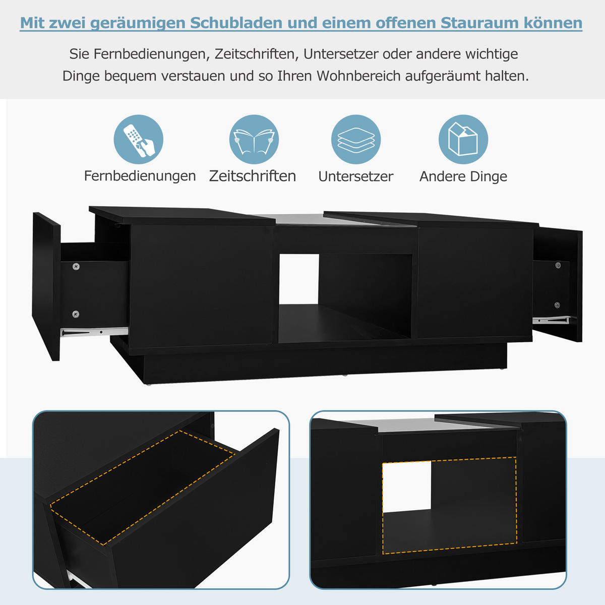 COUCHTISCH Beistelltisch mit LED App Steuerung und QR Bluetooth, Glas Tischplatte, Schubladen modernes Design - Schwarz, Holzwerkstoff (100/50/35.5cm) - EVRYAE