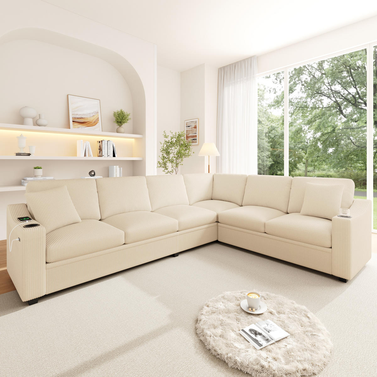 ECKSOFA 277/215/85 cm Beige mit USB/Type-C-Schnellladeanschluss und 2 Getränkehaltern - Beige, Textil (277/215cm) - Oxeza