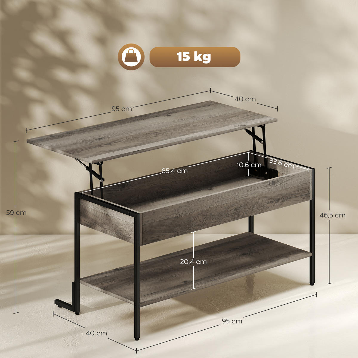 COUCHTISCH DE-15792 klappbare Platte Grau - Grau, Holzwerkstoff (95/40/59cm) - ComfortXL
