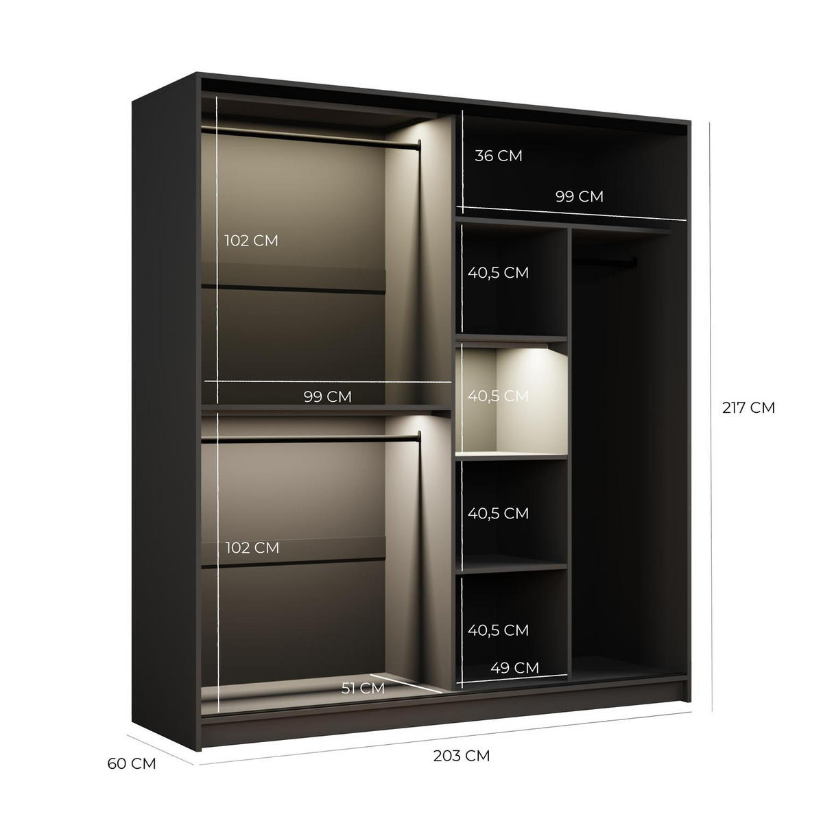 KLEIDERSCHRANK Night Graphit, Zweitüriger Schiebeschrank mit LED-Beleuchtung - Graphitfarben, Holzwerkstoff (203/217/60cm) - Bettso