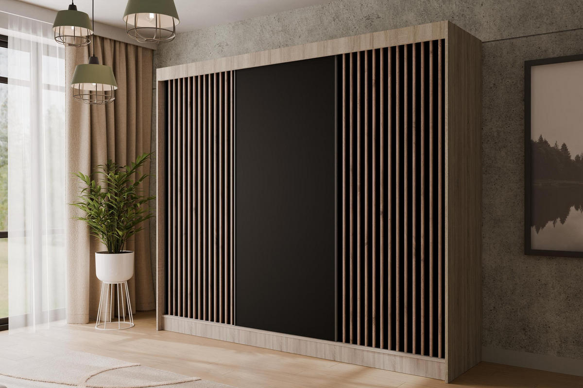 KLEIDERSCHRANK mit Lamel-Schiebetüren VILANv2 - 250 cm Sonoma Eiche + Lamelle Eiche Wotan - Eiche Wotan/Sonoma Eiche, Holzwerkstoff (250/215/61cm) - ALTDECOR