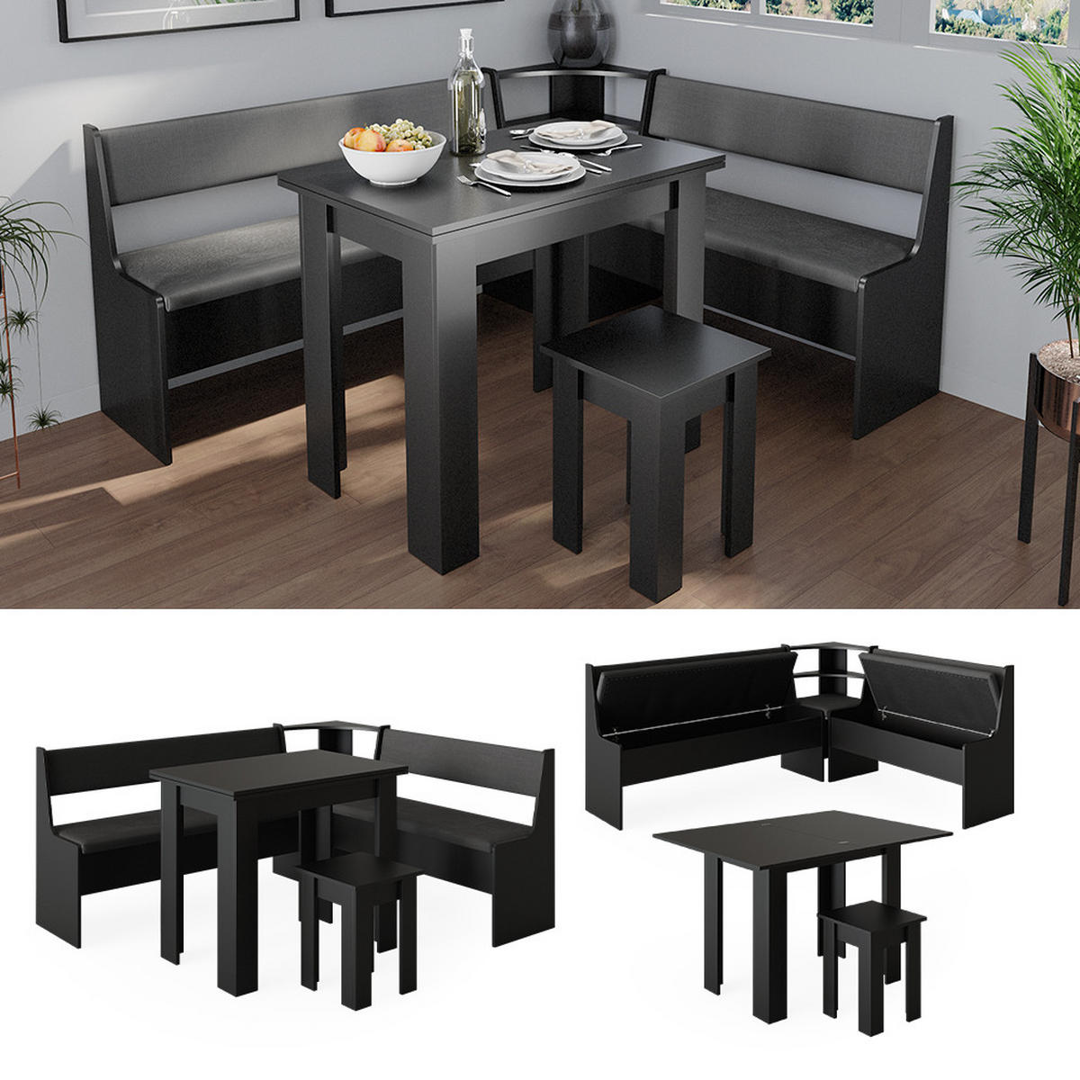 ECKBANKGRUPPE Roman Schwarz 150 x 41.5 cm mit Tisch - Schwarz/Sonoma Eiche, Holzwerkstoff (180/80/150cm) - Vicco