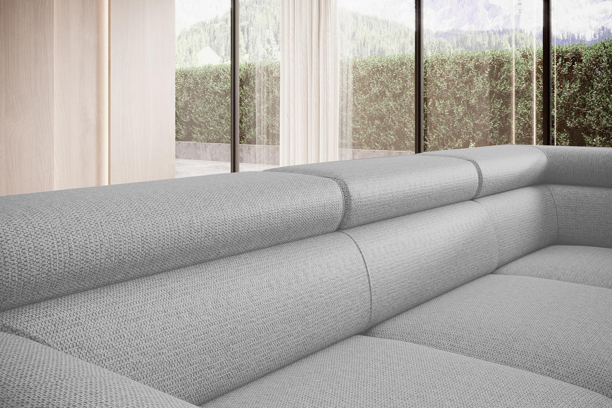 ECKSOFA RAVEN L mit Schlaffunktion und Bettkasten, Freistehend, Polstersofa mit Verstellbaren Kopfstützen, 257x198x96 cm, Linke, Esche - Silberfarben, Holz/Textil (198/256cm) - DomoHome