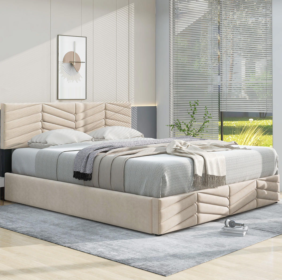 ČALOUNĚNÁ postel 140/200 cm sametové béžové s lamelovým roštem a nastavitelným čelem - béžová, textil (140/200cm) - BEAOK