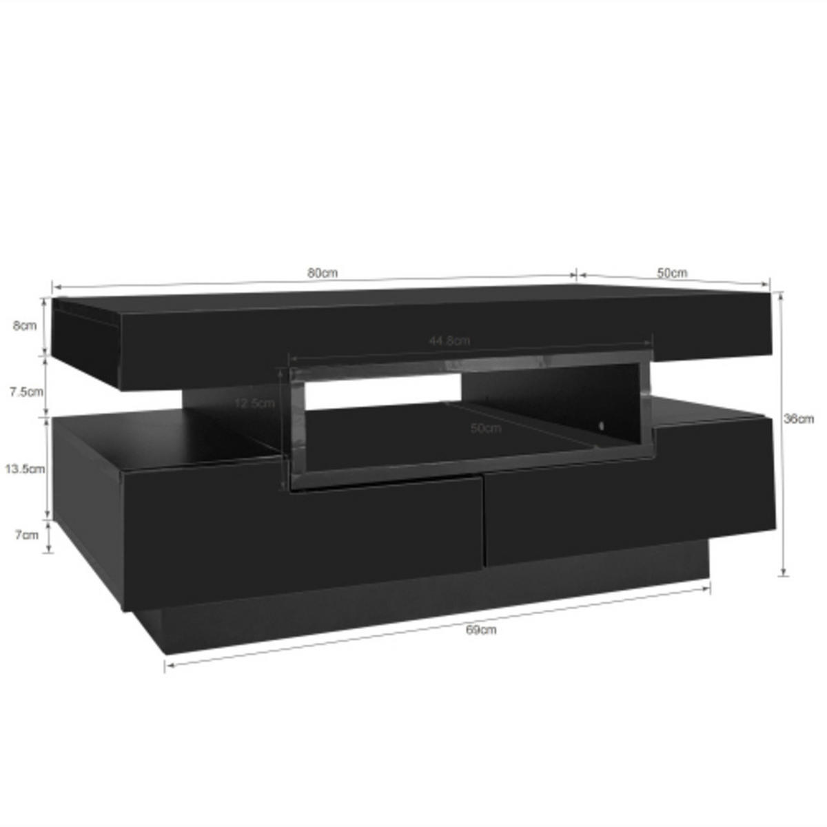 COUCHTISCH Schwarz aus Spanplatte mit Hochglanzoberfläche und integrierter LED-Beleuchtung 80×50×36 cm - Schwarz, Holzwerkstoff (50/80/36cm) - Luhomfu