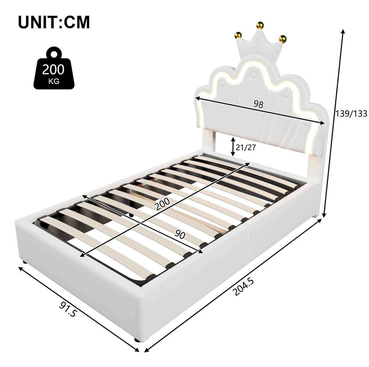 KINDERBETT Polsterbett 90/200 cm aus PU mit LED-Lichtband und hydraulischem Stauraum Weiß - Weiß, Leder (90/200cm) - Modenvie