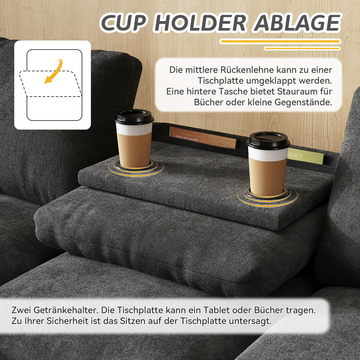 SOFA Grau L-Form Chenille Stauraum USB Couchtisch flexibel - Grau, Textil (137/84/280cm) - FLIEKS