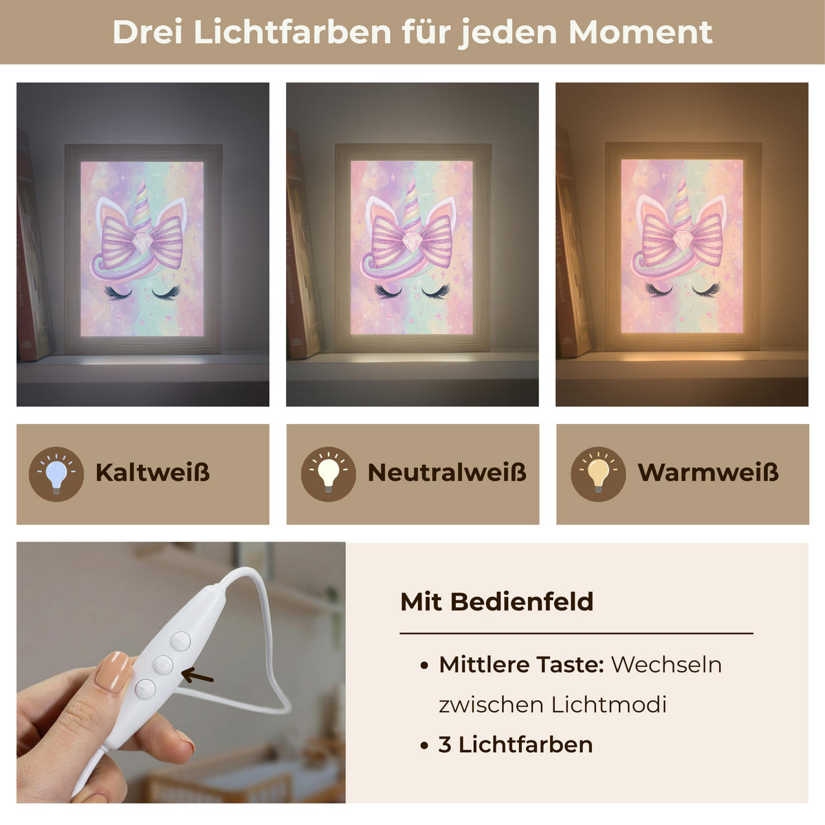 NACHTTISCHLAMPE Einhorn - Glitzer - Regenbogen - Pastell 15x20 cm - Hellrosa, Holzwerkstoff (8/15/20cm)