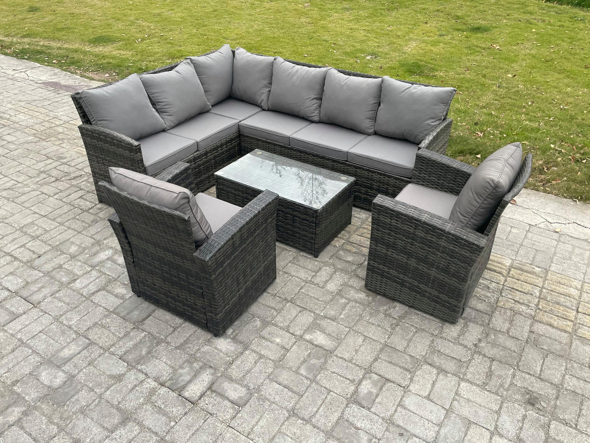 GARTENSET mit Couchtisch,2 Stuhl Polyrattan Dunkelgrau 8-Sitzer - Dunkelgrau/Grau, Glas/Kunststoff - Fimous