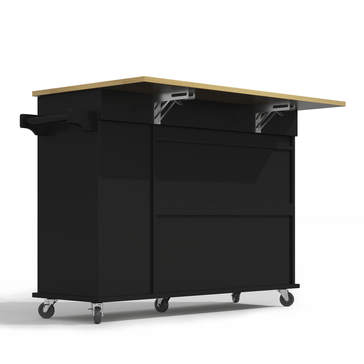 KÜCHENINSEL 120/40(65)/90 cm mit klappbarer Arbeitsplatte, 3-stufigem Auszug und Rollen, MDF, Schwarz/Natur - Schwarz, Holzwerkstoff (120/90/65cm) - Redom