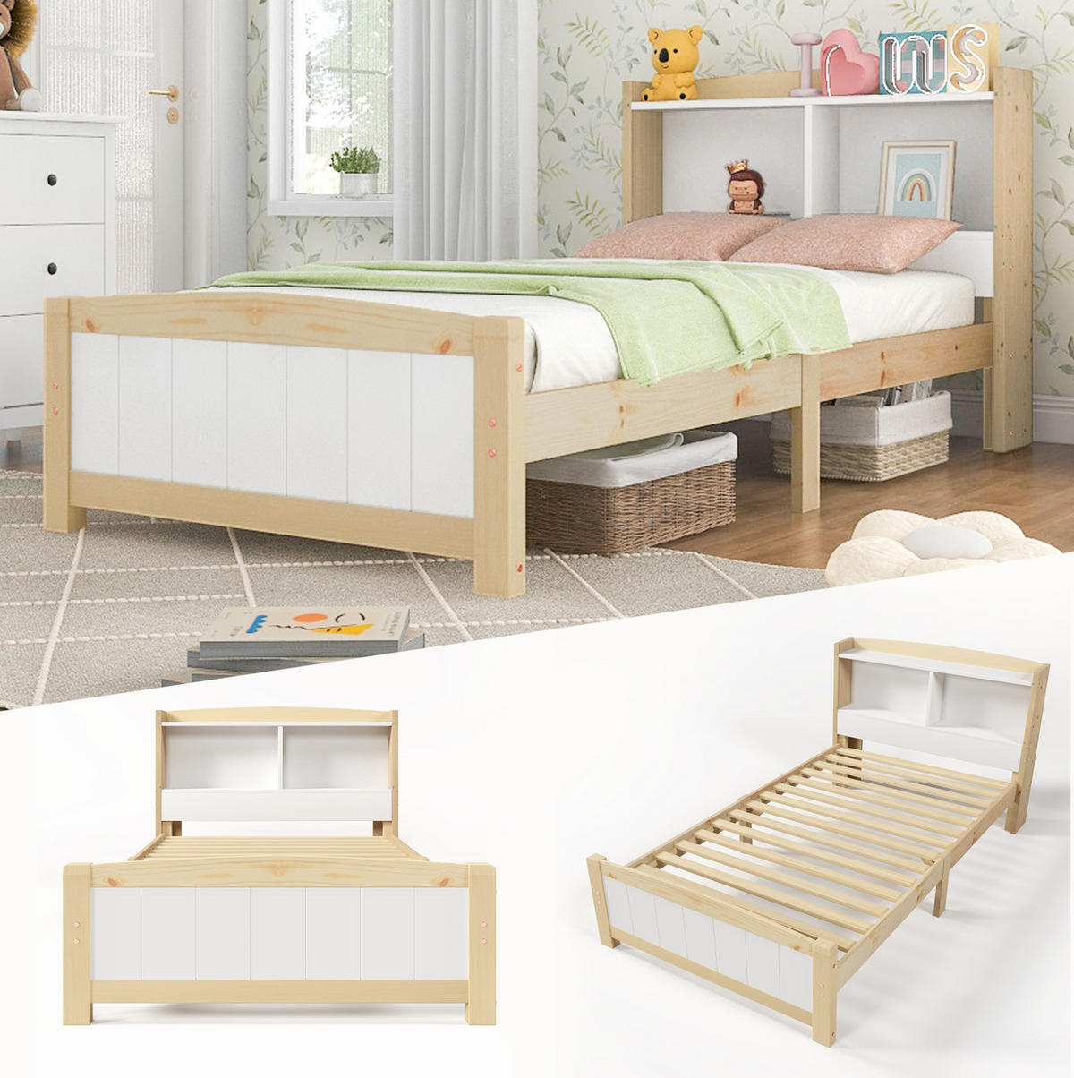 KINDEREINZELBETTEN aus Massivholz 90x200 cm in Weiß mit Stauraum-Kopfteil & Matratze - Weiß, Holz (90/200cm) - Modfu