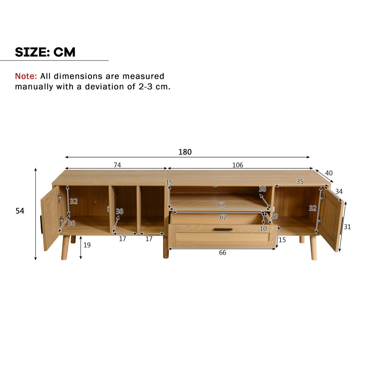 TV-SCHRANK in Eiche-Optik mit Rattan-Front, 2 Türen und 1 Schublade 180/40/48 cm - Eichefarben, Holzwerkstoff (180/54/40cm) - Redom