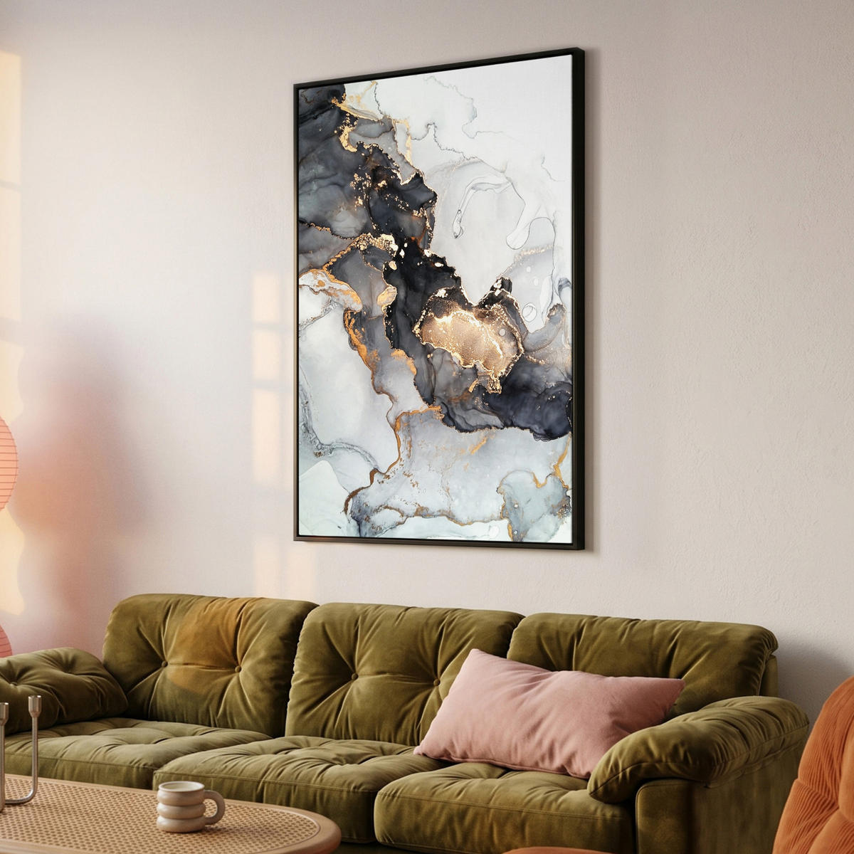 LEINWAND Bilder mit Rahmen - Marmor - Schwarz - Weiß - Gold - Luxus - Abstrakt - 100x150 - Goldfarben, Textil (100/150cm) - MuchoWow