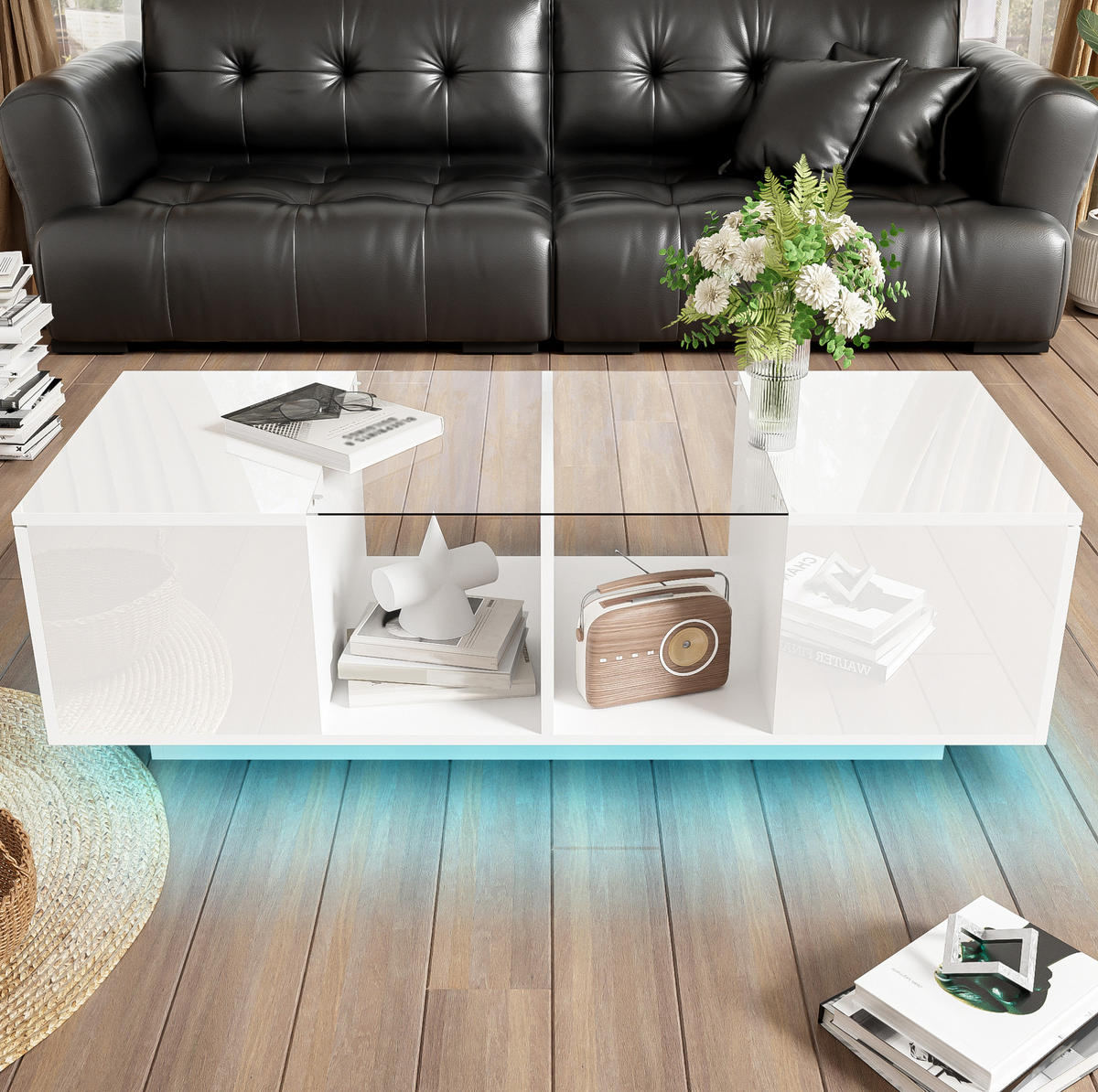 KONFERENČNÍ stolek ze skla a MDF, 120/50/38,5 cm bílý, s LED osvětlením a úložným prostorem - bílá, kompozitní dřevo (120/50/38.5cm) - BEAOK
