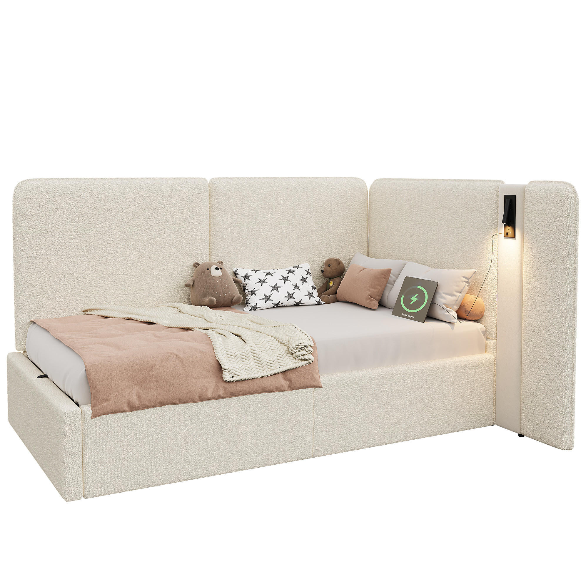 POLSTERBETT aus Schleife 90x200 cm in Beige mit Stauraum & USB/Typ-C - Beige, Textil (90/200cm) - Modfu