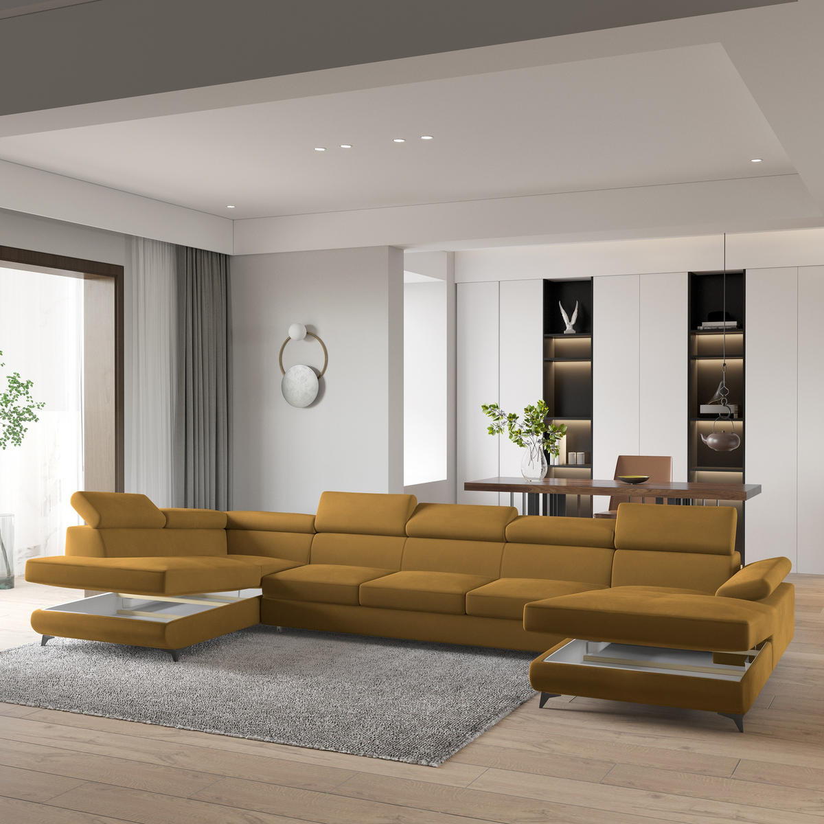 WOHNLANDSCHAFT MONTIVA Gelb Velours-Stoff mit Schlaffunktion - Gelb, Holz (410/89/190cm) - MASSENO