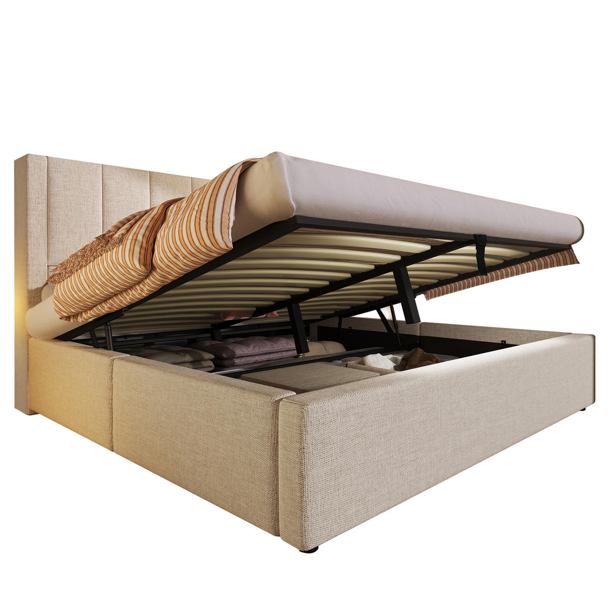 POLSTERBETT mit Stauraum und Ladestation 140x200 cm Leinen Beige inkl. Matratze - Beige, Metall (140/200cm) - Beauniv