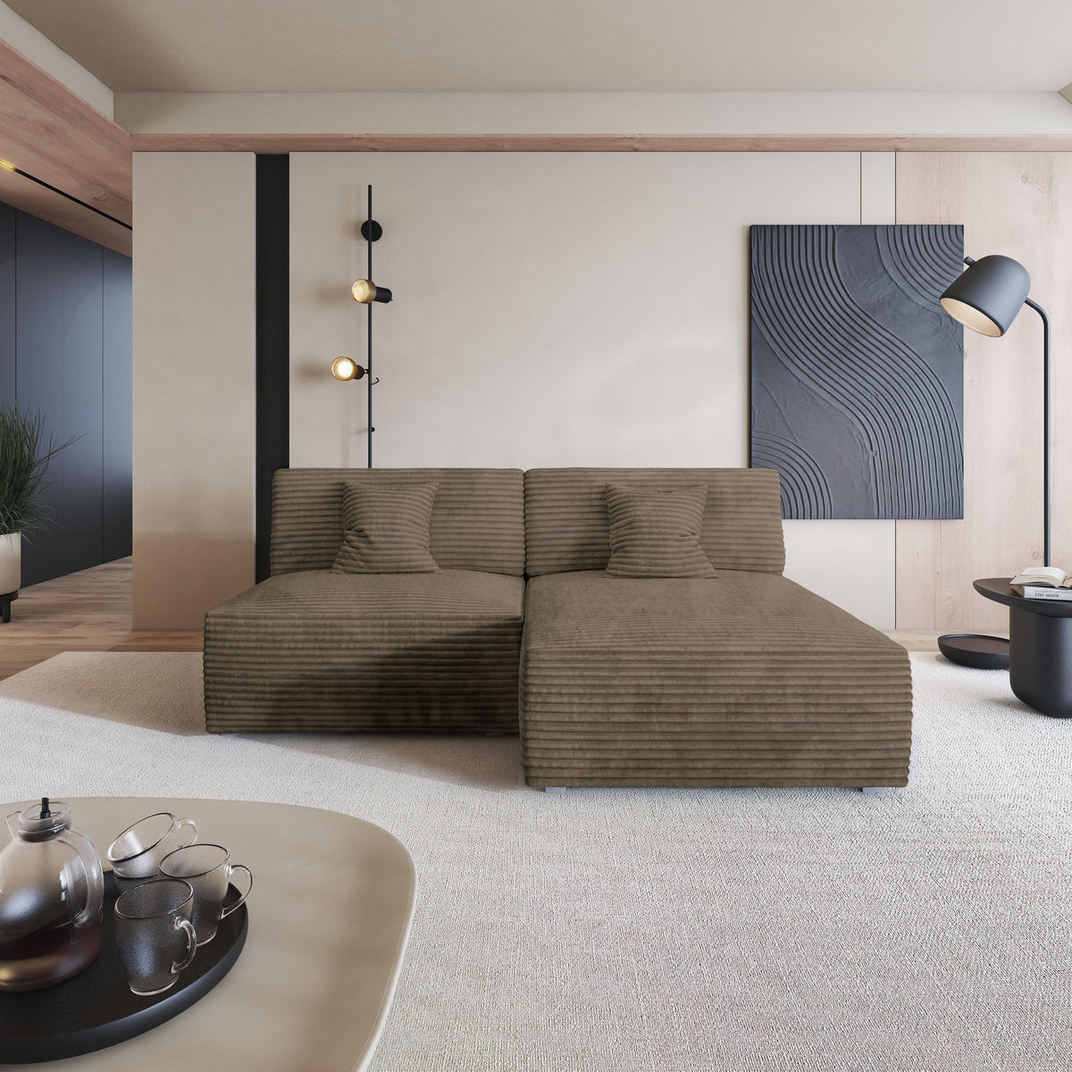 ROHOVÁ SEDAČKA FIORO béžová - šedá/béžová, dřevo/textil (204/148cm) - MASSENO