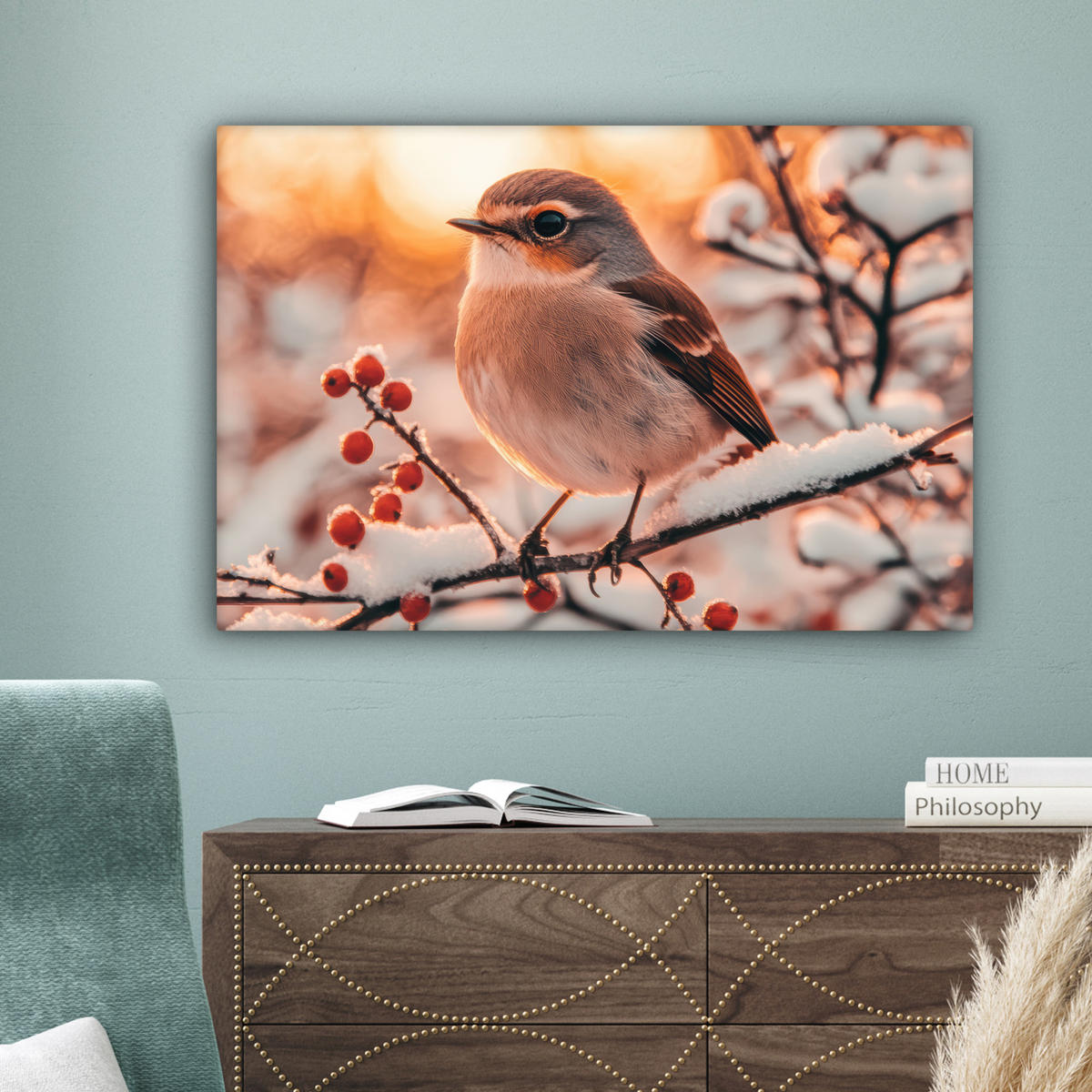 LEINWANDBILD Vogel - Zweig - Winter - Tiere - Schnee Gemälde 60x40 cm - Bernsteinfarben, Textil (60/40cm) - MuchoWow