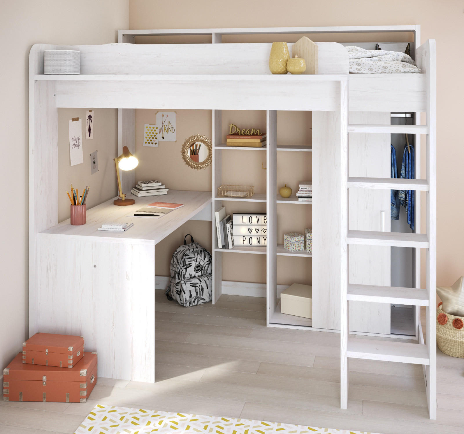 HOCHBETT mit Kleiderschrank und Schreibtisch Bett 90 x 200 cm - Weiß/Kieferfarben, Holzwerkstoff/Kunststoff (90/200cm) - Parisot Meuble
