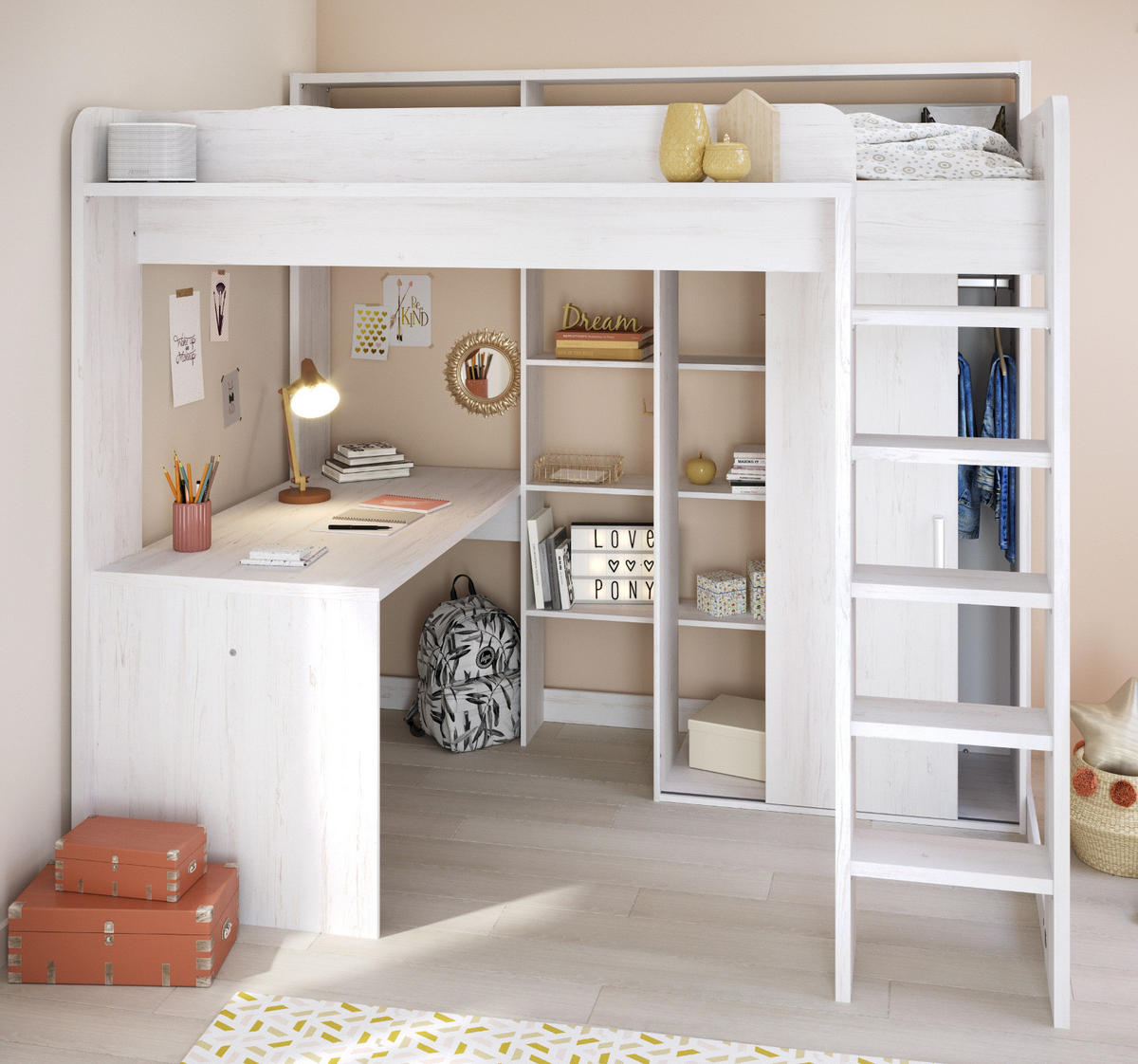 HOCHBETT mit Kleiderschrank und Schreibtisch Bett 90 x 200 cm - Weiß/Kieferfarben, Holzwerkstoff/Kunststoff (90/200cm) - Parisot Meuble